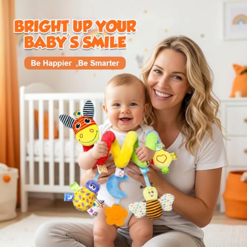 Image of SNOWIE SOFT Baby Spiral Activity Toy for Stroller & Crib, Plush Hanging Toys with Silicone Sensory Toy, Crinkle & Squeaky Cartoon Soft Interactive Car Seat Spiral Wrap Travel Toys