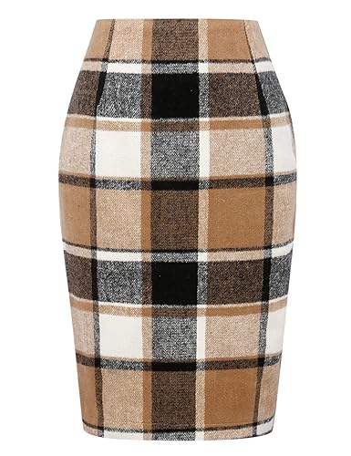 IDEALSANXUN Plaid Skirts for Women Midi Length 2025 Fall Winter Knee Length Tweed Tartan Flannel Wool Corduroy Sweater Pencil Skirt with Slit, Brown New, M