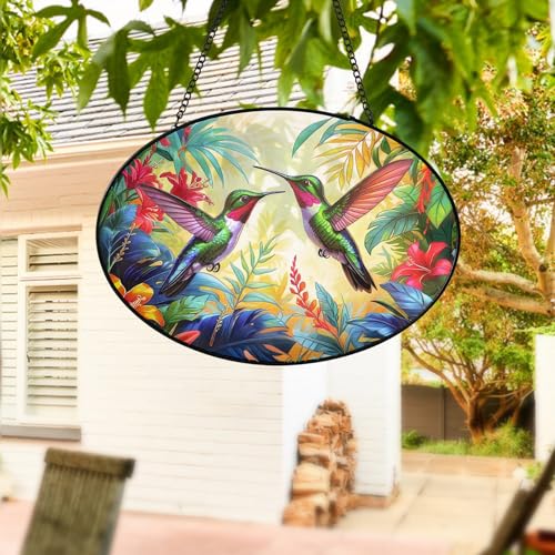 Remiawy Stained Glass Window Hanging, 9 Inch Oval Suncatcher with Metal Chain and Hooks Two Hummingbirds & Flower Sun Catcher Indoor Window Decor Art Gift for Bird Lovers Women Christmas Mother\'s Day - Thumbnail 7