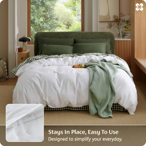 Image of Bedsure PureWoven 100% Washed Cotton Duvet Cover Only, Queen, Bright White | 1 Duvet Cover, No Pillow Shams, Linen Like Textured, Lightweight & Breathable for All Seasons, Zipper Closure, 8 Corner Ties