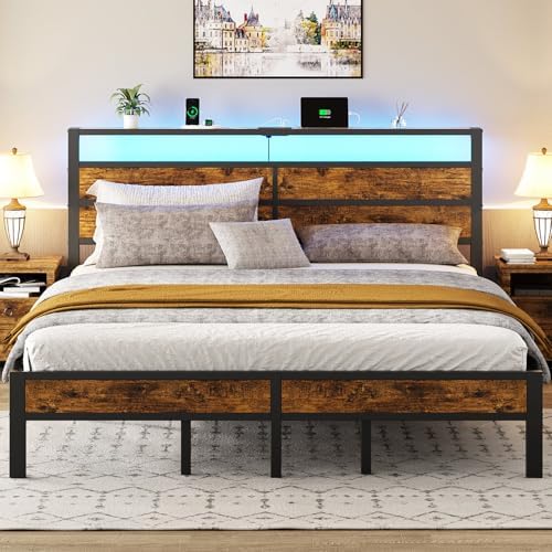 Liians King Size Bed Frame with Storage Headboard, LED Lights