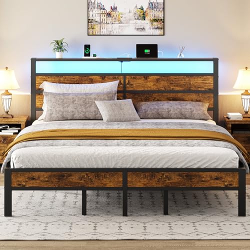 Image of Liians King Size Bed Frame with Storage Headboard, LED Lights | USB Type C Charging Station, Heavy Duty Metal Platform, No Box Spring Needed, Noise Free, Easy Assembly
