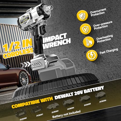 Image of DIYtoolifz Cordless Impact Wrench 1 /2 inch Compatible with Dewalt 20v Battery (Bare Tool), 300 FT-LBS (400 N.m) Brushless Impact Driver, Portable Electric Impact Gun with LED Work Light, 3-Speed Control