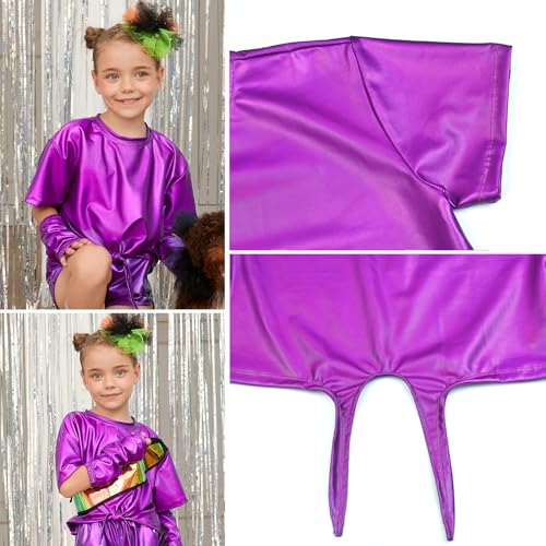Image of Perfashion Girls Metallic Shirts Shiny Tie Front Knot Crop Top with Arm Sleeves for Dancing Raves Festivals 4-15 Years