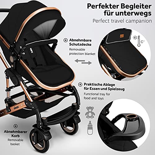 KIDUKU® 3 in 1 Kinderwagen Komplettset | Kombikinderwagen Set inkl. Babywanne Buggy Auto-Babyschale Fußsack | Voll-Gummireifen Wickeltasche Regenschutz Kindertisch (Schwarz/Kupfergold)