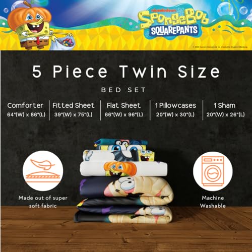 Image of Spongebob Squarepants Kids Halloween Bedding 5 Piece Super Soft Cozy Reversible Comforter and Sheet Set with Sham, Twin, (Officially Licensed Product) By Franco