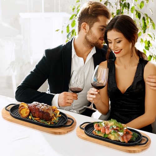 Yiyiring 4 Pcs Cast Iron Fajita Skillet Pan Set Sizzling Steak Plate with Wooden Base and Removable Handle Cast Iron Grill Frying Pan for Home Restaurant Kitchen Cooking (12 x 6.3 Inch) - Image 6