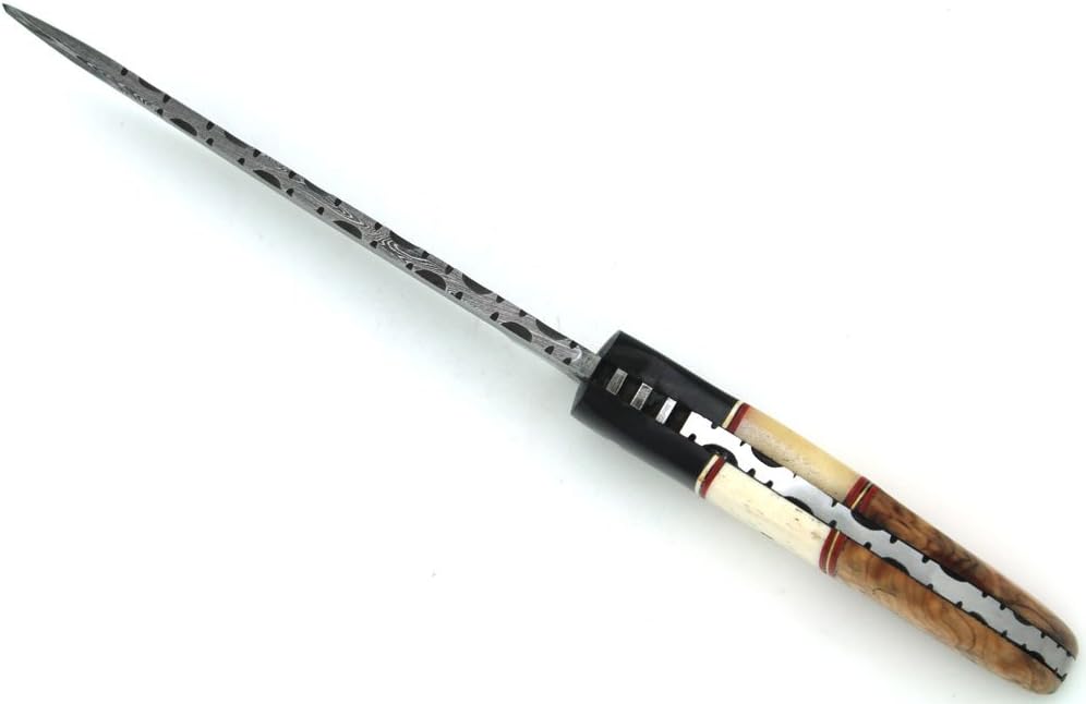 Wild Turkey Handmade Damascus Steel Collection Full Tang Bone-Horn-Wood Handle Fixed Blade Knife w/Leather Sheath Outdoors Hunting Camping Fishing