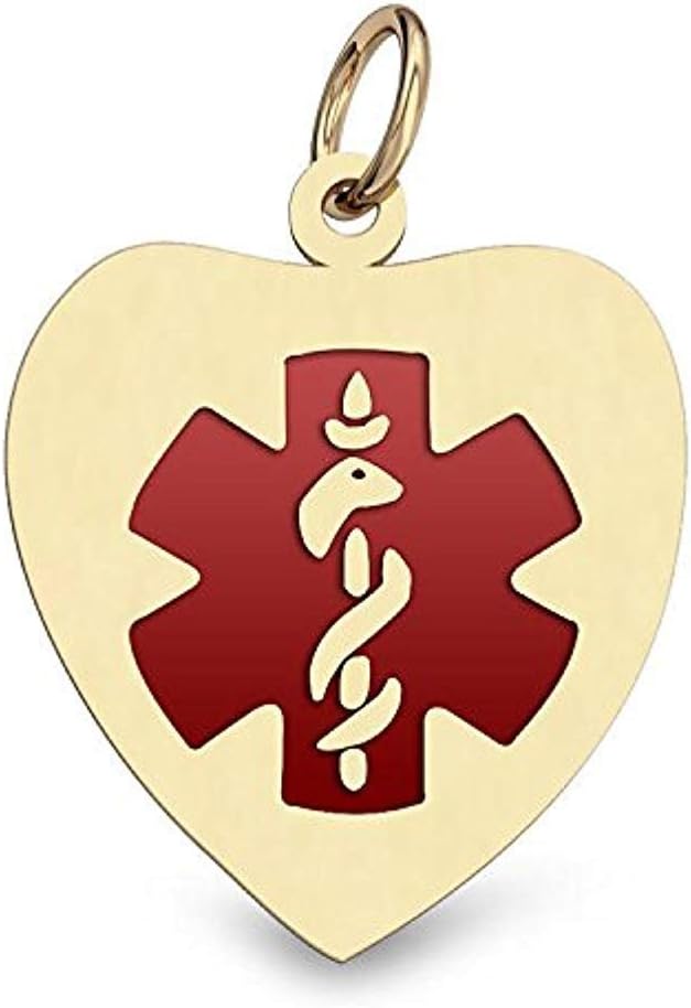 PicturesOnGold.com 14K Filled Gold Heart Medical Charm W/Red Enamel - 1-1/4 Inch X 1-1/4 Inch with Engraving