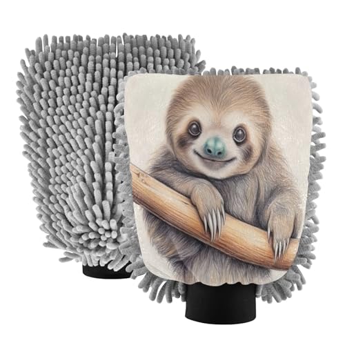 Flradish 2 Pack Sloth on The Branch Car Wash Mitt Chenille Microfiber Lint-Free Scratch Free Ultra-Soft Absorbent Car Wash Mitt 11.8x8.07 Inch
