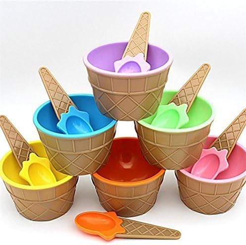 VNC BPA-Free Adorable Plastic Cone Shape Vibrant Colors Ice Cream Bowl and Spoons, Dessert Bowls for Children Birthday Sundae Cups for Kids Parties- Pack of 6