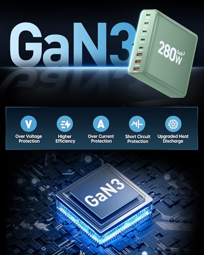 280W USB C Charger Block, 8-Port USB C Charging Station GaN III PD 65W Laptop Charger Adapter Compatible with MacBookPro/Air,DELL,iPad,Portable Charging Station for iPhone,Samsung Galaxy(Green)