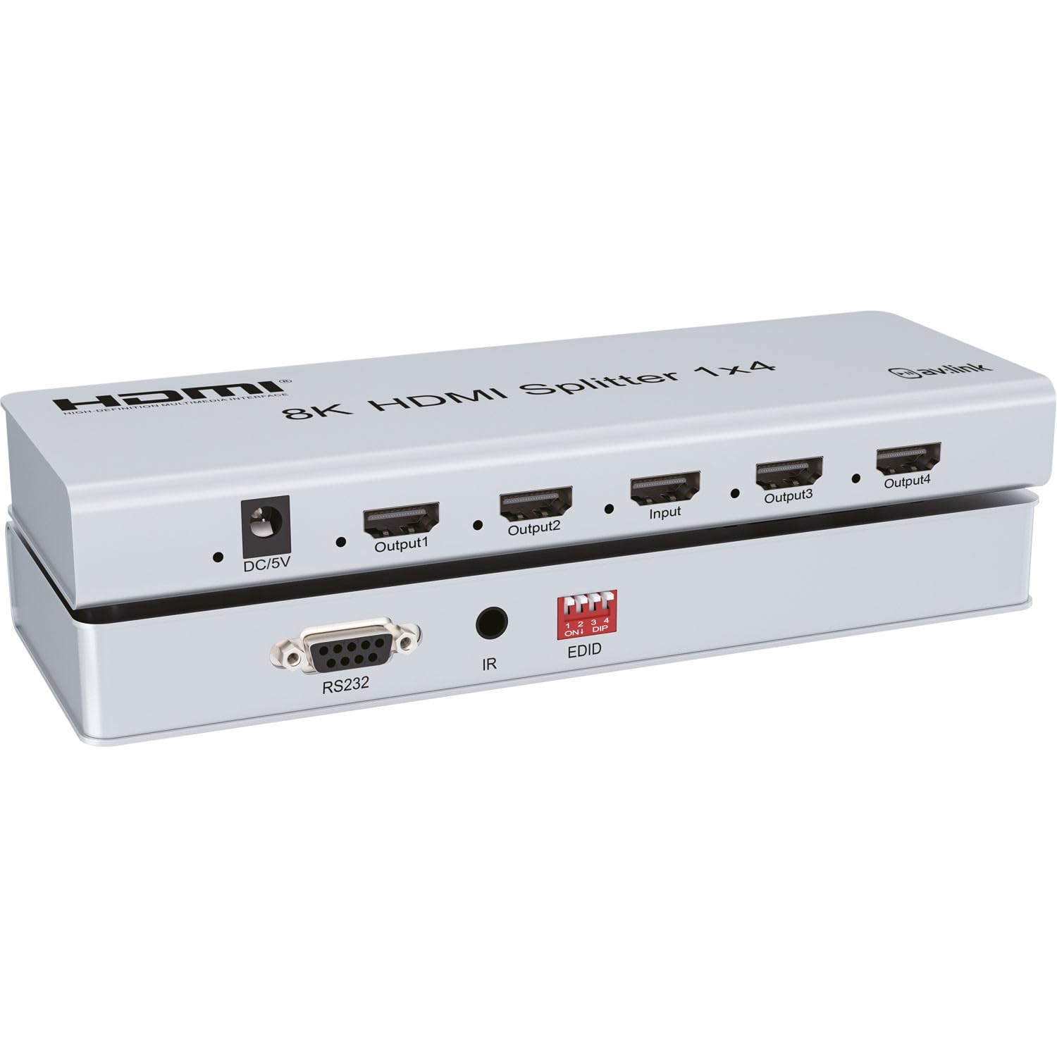 AV:Link Répartiteur HDMI 8K Ultra HD avec contrôle EDID | 1 entrée 4 Sorties | Connectez Facilement Une Seule Source HDMI à Plusieurs écrans pour Les Jeux, Le Divertissement ou Une Utilisation