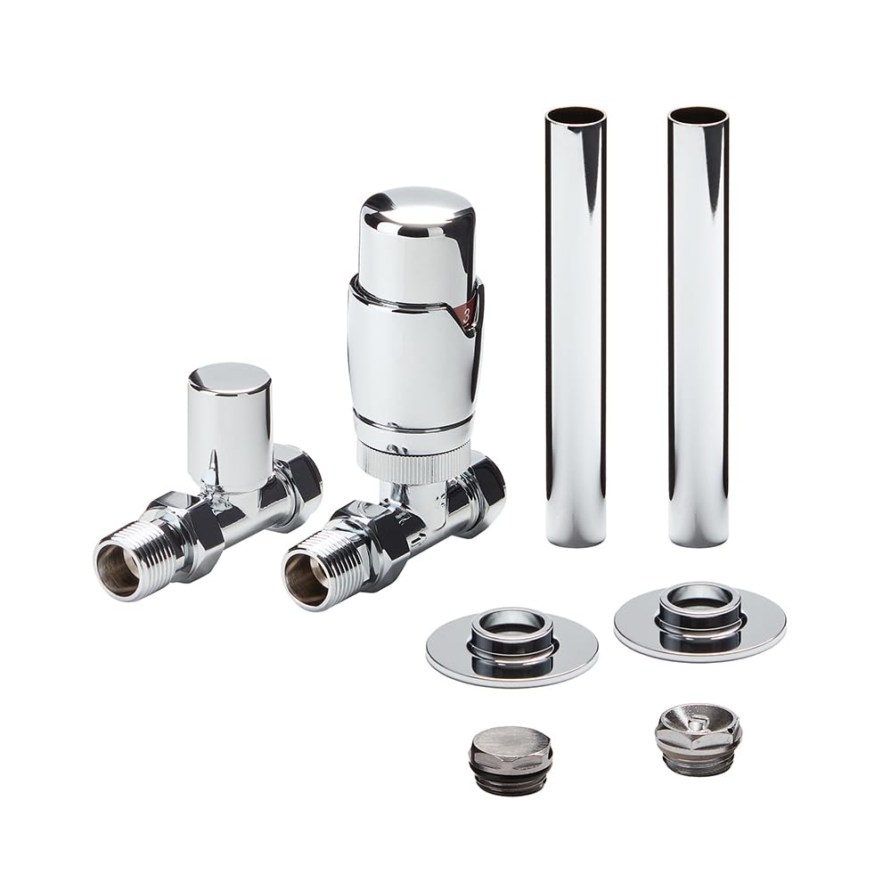 Milano Chrome Straight Heated Towel Rail Radiator Thermostatic Lockshield Valve Pipe Sleeve