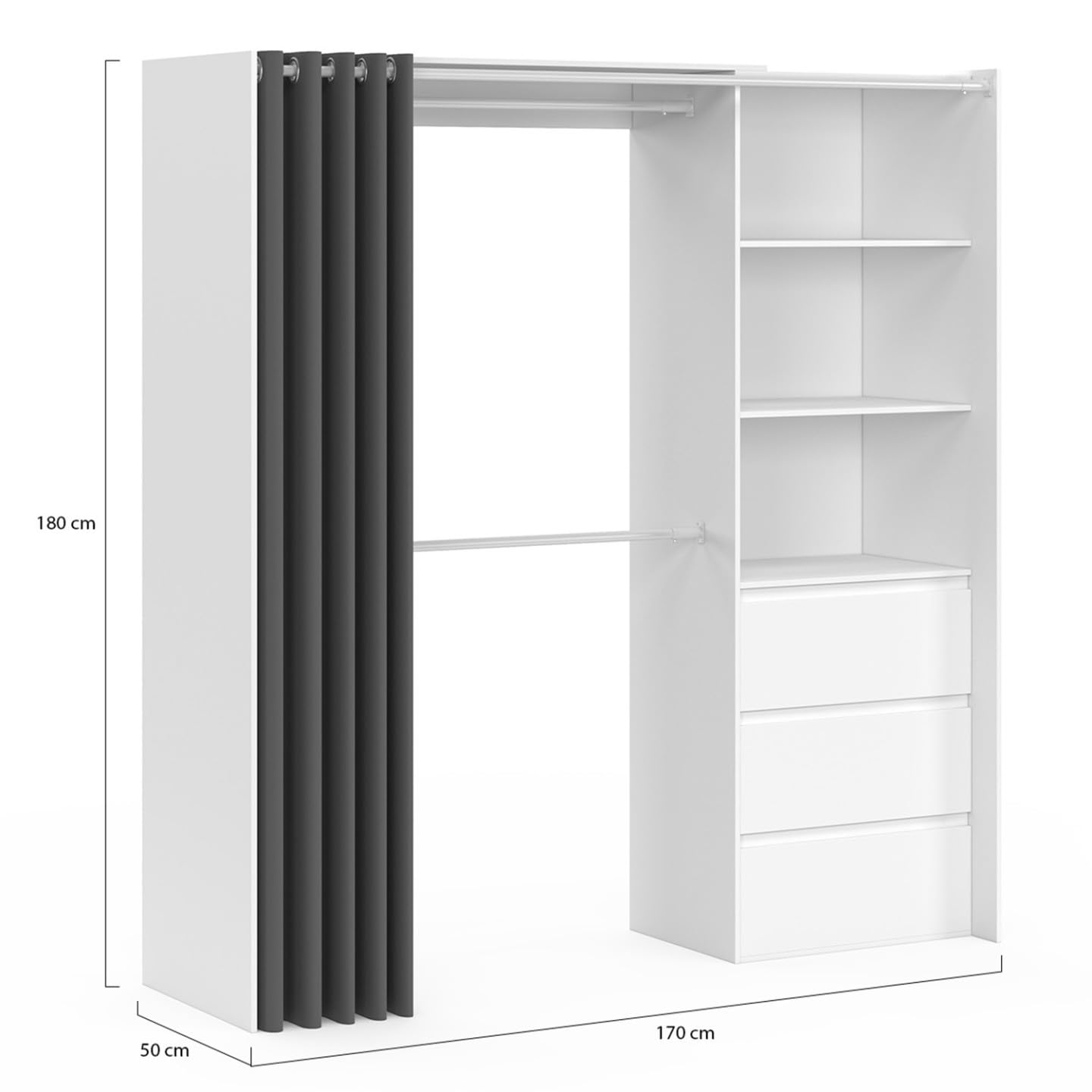 IDMarket - Dressing extensible MARTY 120/170 x 50 x 180 cm blanc avec 3 tiroirs + étagères + double penderie + rideau gris