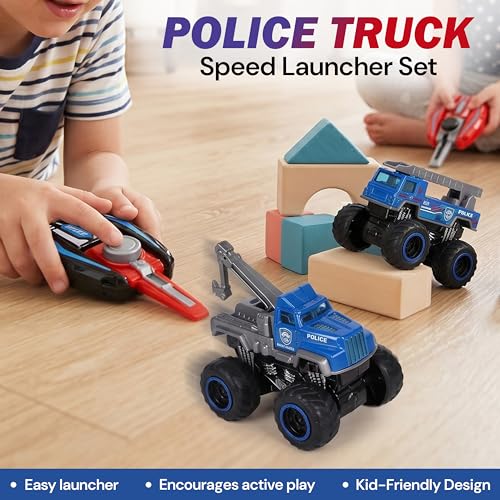 Image of Die-Cast Alloy Monster Police Truck Set of 4 with Manual Launcher | Metal Mini Monster Vehicle Toy Cars | Multicolor Pull-Back Friction Trucks for Kids Aged 3+ Years