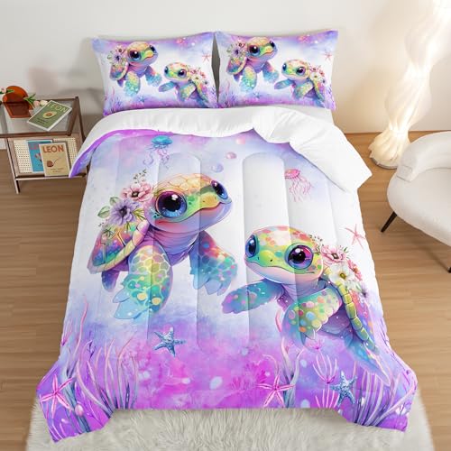 UEVBF Kids Comforter Set Turtle Printed Pattern Bedding Set Full Size,Purple Waterweed Jellyfish Starfish Pattern Bedding Set for Kids Girls Boys Room Decor with 2 Pillowcases.