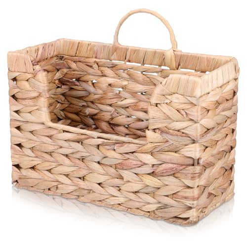 Woven Hanging Magazine Holder Water Hyacinth Storage Basket Wall Mounted Wicker Organizer Boho Modern Farmhouse Book Rack with Handle File Newspaper Mail Holder for Home Office