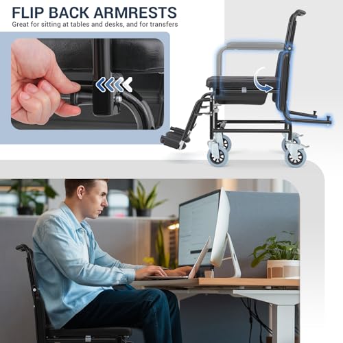 monicare Lightweight Transport Wheelchair with Commode and 16.5-Inch Seat, Wheel Chair for Elderly with Swing-Away Footrest, Flip-Back Arms (220-Lbs Weight Capacity, Black Frame)