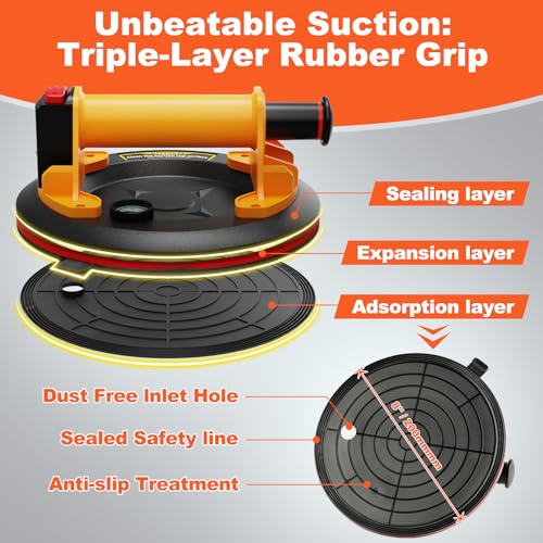 2 Pack 8\" Glass Suction Cups with Pressure Gauge – Heavy Duty Vacuum Suction Cups for Lifting Large Glass, Tiles, and Windshields – 880 lbs Max Load, Powerful Industrial Lifter Tool with Carrying Case