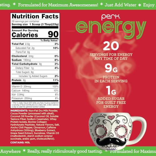 Image of Perk Energy Drink Mix (Mexican Hot Chocolate) 20 Servings, Gluten-Free | Caffeinated Healthy Coffee Alternative with Protein, 100mg of Caffeine, Soy-Free, Peanut-Free