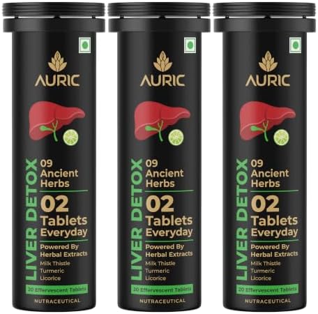 Auric Liver Detox Effervescent Tablets | Supports Fatty Liver Management & Liver Health | 9 botanical extract blend with Milk Thistle (Silymarin), Turmeric, Ginger & Licorice | Indian blackberry flavour | 60 Tablets