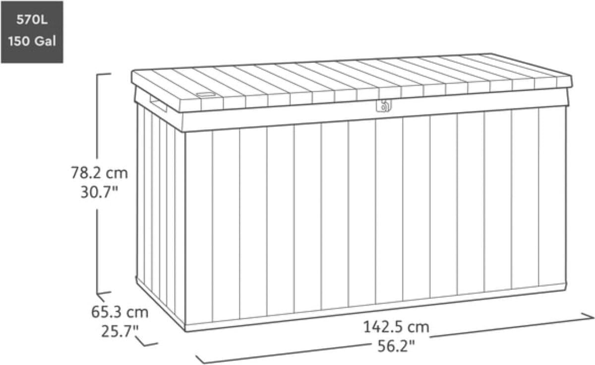 Diagram showing the dimensions of the Keter Venetian 570L Storage Box: 142.5 cm length, 65.3 cm width, and 78.2 cm height.