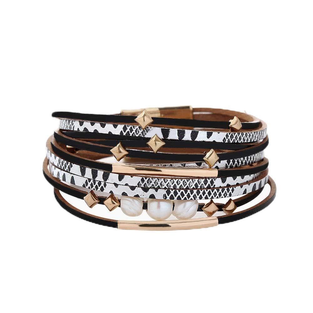 Pulsera De Cuero Para Mujer,Pulsera De Cuero Vintage De Múltiples Capas Pulsera De Doble Círculo De Perlas De Agua Dulce De Moda Negra Pulsera De Mujer Pulsera De Joyería Pulsera De Perlas Ropa Perso