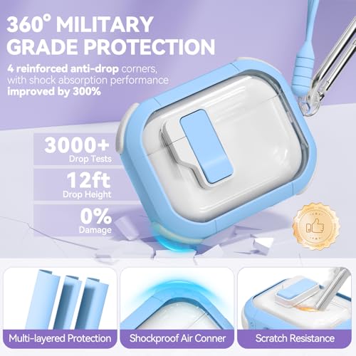 Image of for AirPods Pro 3 Case Clear with Safety Lock, Anti-Yellowing Case with Cleaner & Keychain Compatible with Apple AirPods Pro 3rd Generation 2025 for Women Girly, Shock Protection,Sky Blue