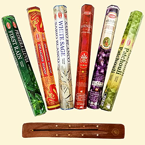 Hem Premium Incense & Holders Set - (120 Sticks, 6 Scents + Free Holder) | Lavender Incense, Dragons Blood, First Rain, Patchouli Frankincense White Sage Top Variants #TOP1
