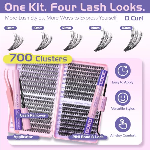 Image of Lash Clusters Kit 700pcs Eyelash Clusters Kit | 30D+40D+50D+60D Cluster Eyelash Extensions Natural, D Curl 8-16mm, with Bond Seal Tweezers Remover