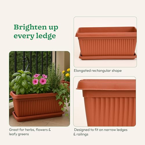 Image of UGAOO Bellow Rectangle Window Planter - Set of 3 | Terracotta Colour | Long & Deep Planters for Balcony Railings, Windowsills & Gardens | Lightweight, Durable & Recyclable | Matte Finish