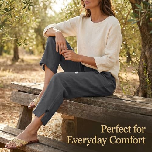 Image of Linen Pants Women 2026 Summer Beach Vacation Trousers Elastic Waist Linen Capris Pants Boho Casual Travel Pant