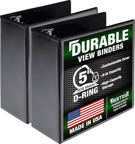Samsill Durable 5 Inch 3 Ring Binder D Ring Binder Customizable Clear View Black 2-Pack Holds 1070 Pages
