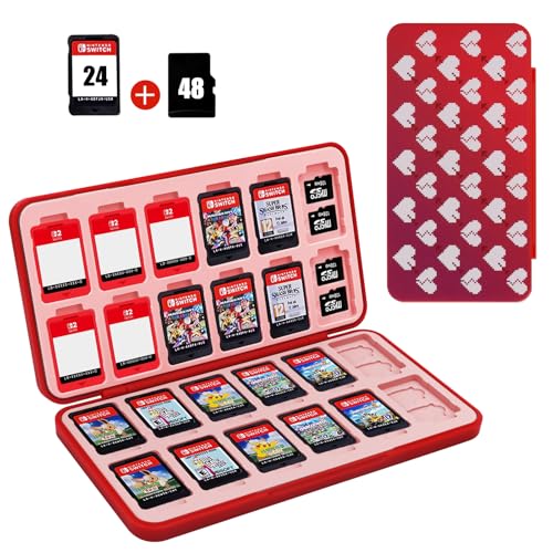 Image of FYY Nintendo Switch Game Case Holder for Switch 2 Cartridge Case with 24 Game Card Slots & 48 Micro SD Card Slots, Hard Shell, Silicone Lining Heart Pattern Red