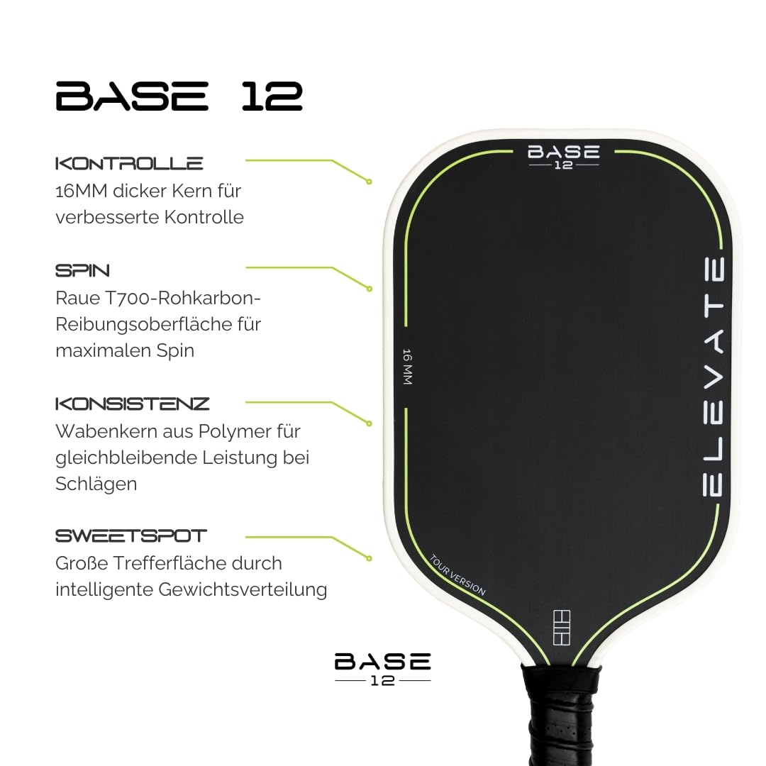 BASE12 Pickleball Schläger Carbon – Premium Paddle 16mm, Raue Oberfläche für Kontrolle & Spin – Ideal für Anfänger & Profis