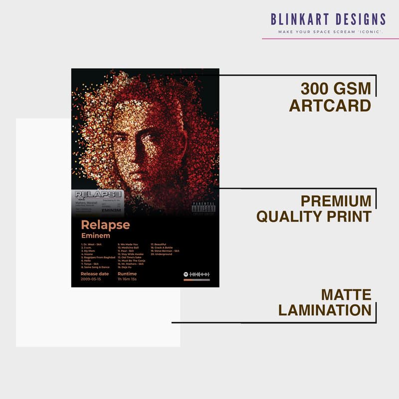 Image of BLINKART Eminem- Relapse Wall Photo Frames | Wall Art for Bedroom, Living Room, Studio or Office | Album Cover Print with Spotify Song Link QR Code | Gift for Fans - 8x12 In