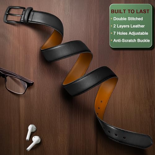 Image of BULLIANT Men Belt 2Pack-Leather Belt 7Holes Comfortable For Men's Dress Casual Jeans 1 3 /8 inch