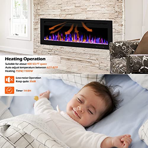 Betelnut 50" Electric Fireplace Wall Mounted And Recessed With Remote Control, 750/1500W Ultra-Thin Wall Fireplace Heater W/ Timer Adjustable Flame Color And Brightness, Log Set & Crystal Options #TOP4