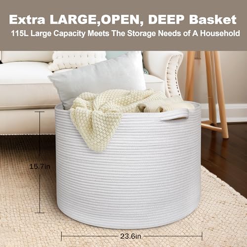 Image of MEGASKET 115L White Cotton Rope Storage Basket, 23.6 inchx15.7 inch Extra Large Blanket Storage Living Room, XXXL Soft Toy Bin for Organizing, Woven Baby Laundry Basket with Handle, Wicker Hamper Nursery