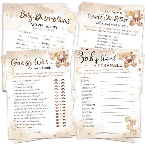 HOMANGA Baby Shower Games 4 Fun Games for 25 Guests Who Knows Mommy Best Guess Who Mommy or Daddy Word Scramble Gender Neutral Bear Design Baby Shower Decorations for Boy or Girl