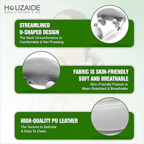 Image of HOUZAIDE WORLD OF WELLNESS & CARE Battery Powered Neck And Shoulder Massager For Neck, Shoulder And Migraine Pain Relief | 6D Massage Device With Heat & Kneading | Holi gift options,Cream