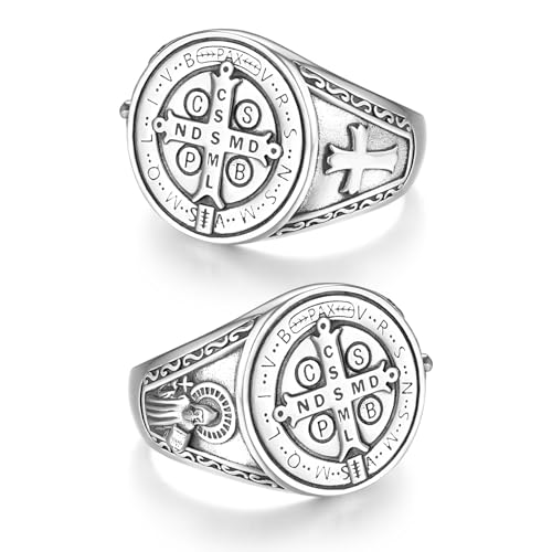 ADMETUS 925 Sterling Silver St Benedict Rings Exorcism Saint Benedict Ring Medalla de San Benito Jewelry Protection Religious Gifts for Men Rings Size 6-152