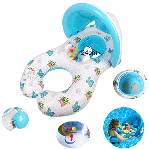 BroBee Dual Person Kids Baby and Mommy Inflatable Swim Boat Float Ring Tube Water Seat with Sunshade Canopy