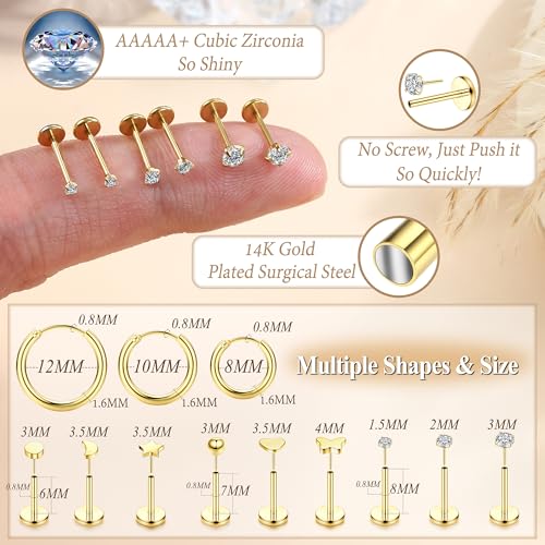 image for LOYALLOOK Threadless Flat Back Earrings 316L Surgical Steel Gold Carti