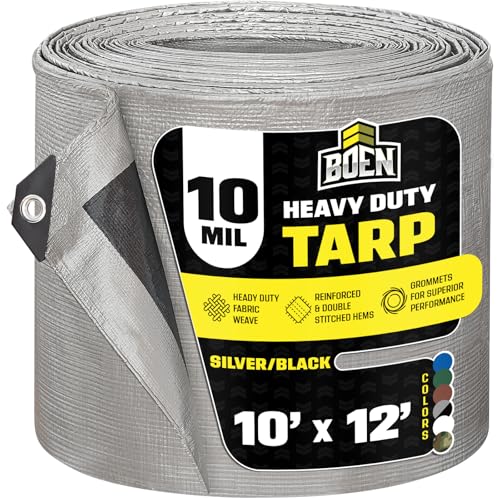 Heavy Duty Tarp Waterproof 10x12, Silver/Black 10 Mil Rip Proof Cover UV