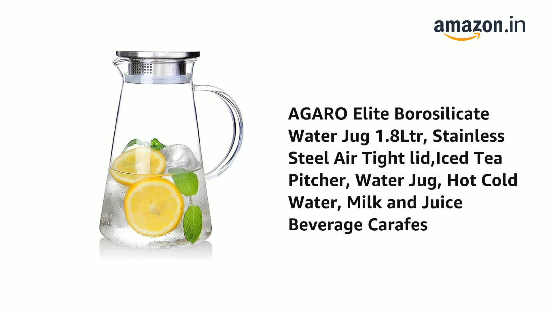 Watch AGARO Elite Borosilicate Water Jug 1.8Ltr, Stainless Steel Air Tight lid,Iced Tea Pitcher, Water on Amazon Live