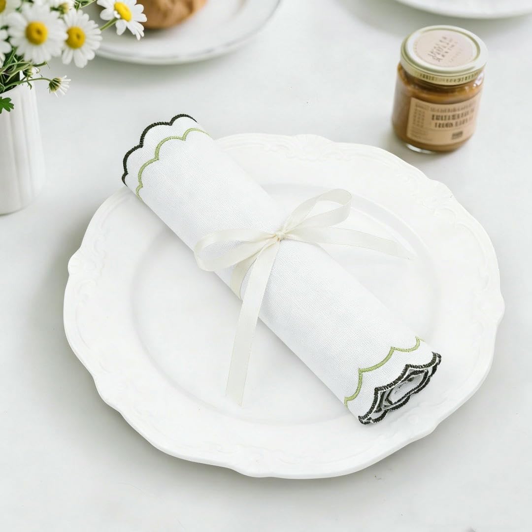 Serviette De Table en Tissu Lot de 12 Serviettes De Table en Coton Et Lin avec Bordure en Dentelle Ondulée Brodée 38 X 38 cm Isolantes Thermiques Gris Et Vert pour Mariage Et Réception