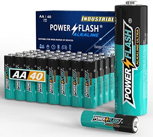 POWER FLASH AA Batteries with Fresh Date - 40 Industrial Pack - Ultra Long Lasting All Purpose Double A Alkaline Battery