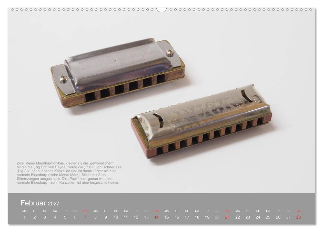 CALVENDO - Mundharmonikas im Blickpunkt (Wandkalender 2027 DIN A2 quer), Monatskalender: Verschiedene Mundharmonikaarten in Bild und Text